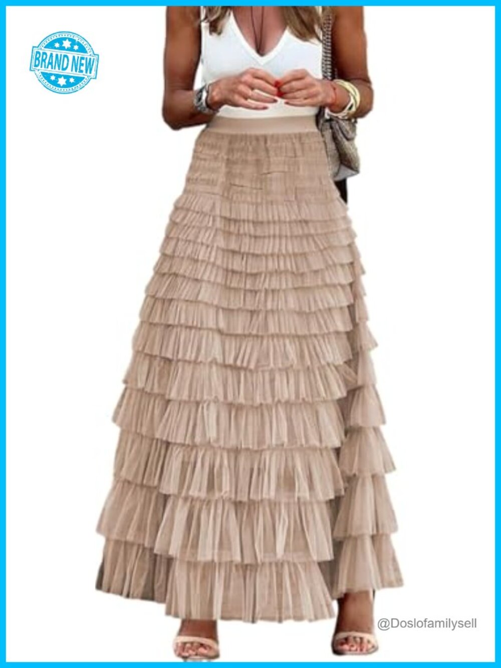 Women's Tiered Tulle Maxi Skirt Sheer Mesh A-Line Flared Elastic Waist